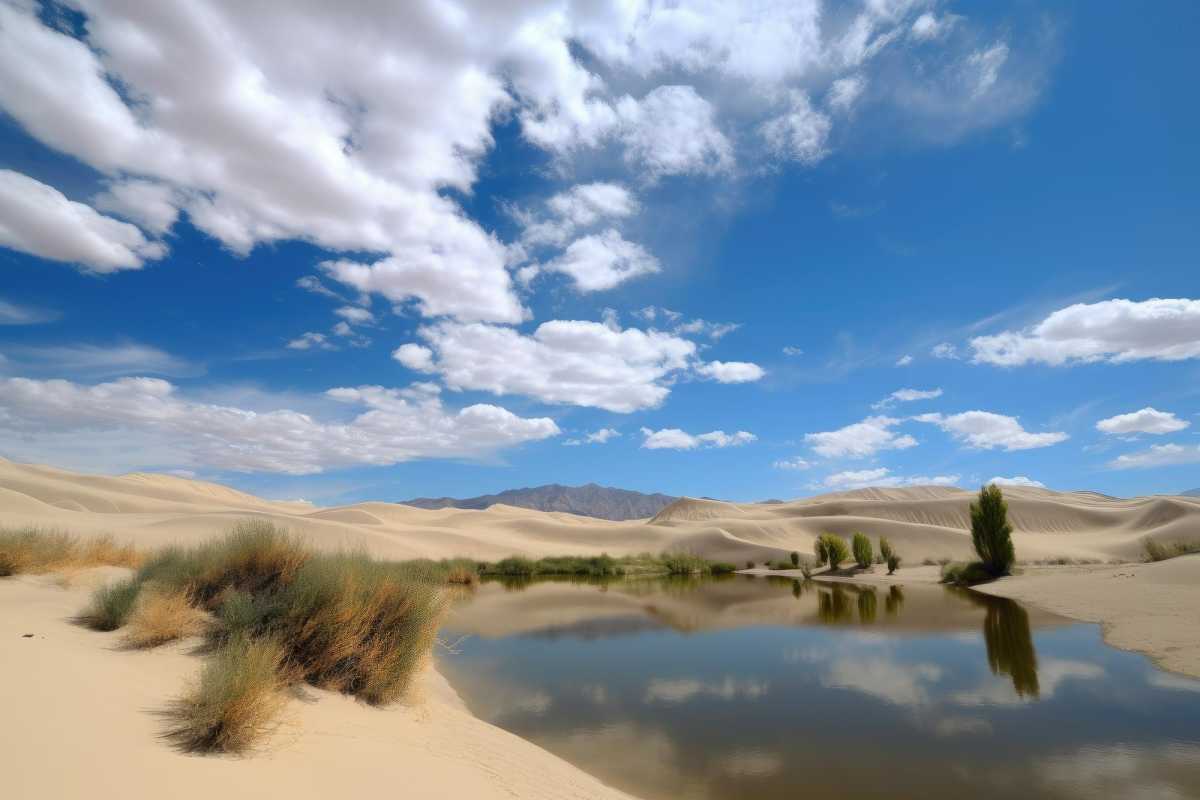 desert-oasis-with-blue-sky-clouds-surrounded-by-rolling-sand-dunes-created-with-generative-ai